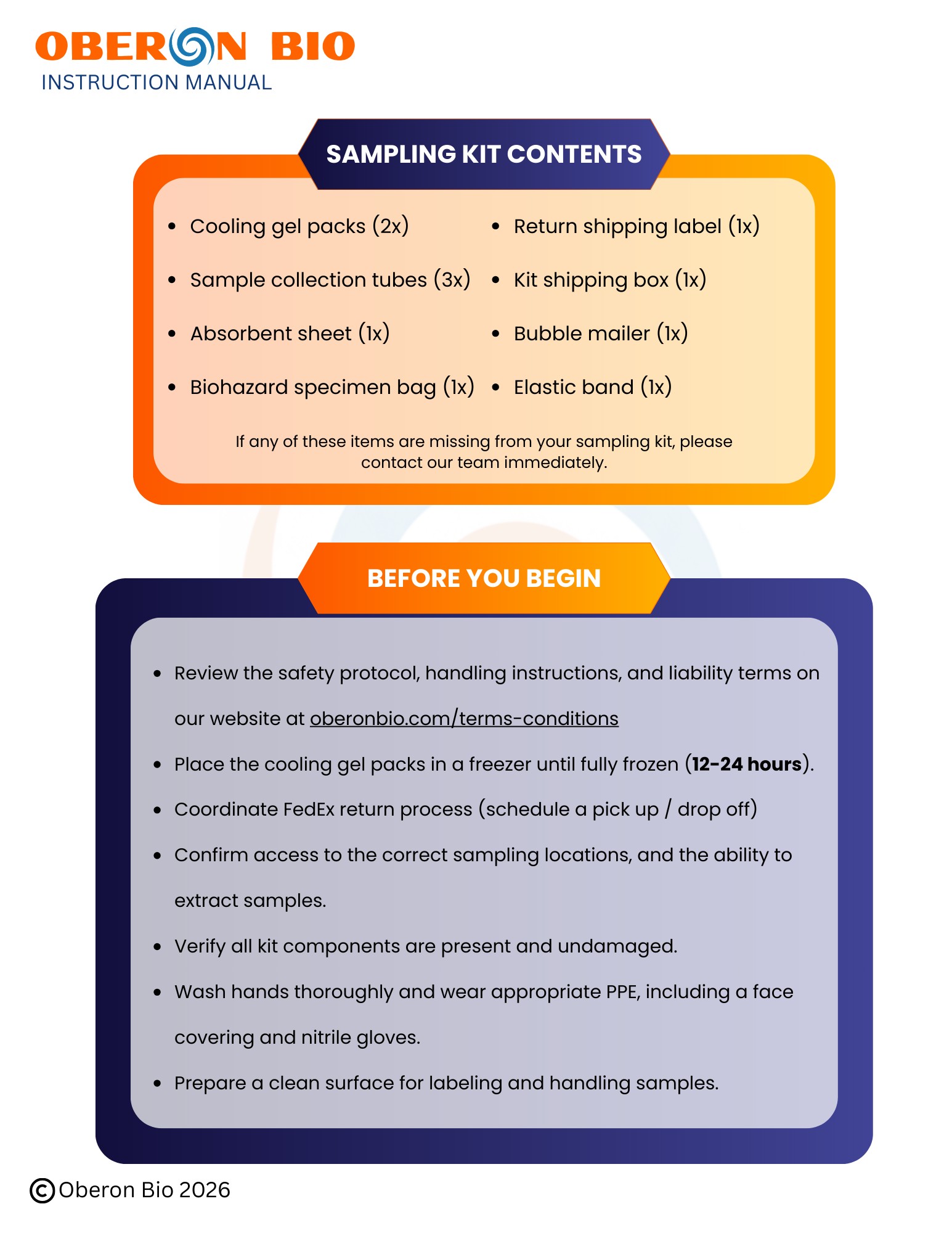 Sampling Kit Contents and Before You Begin Instructions
