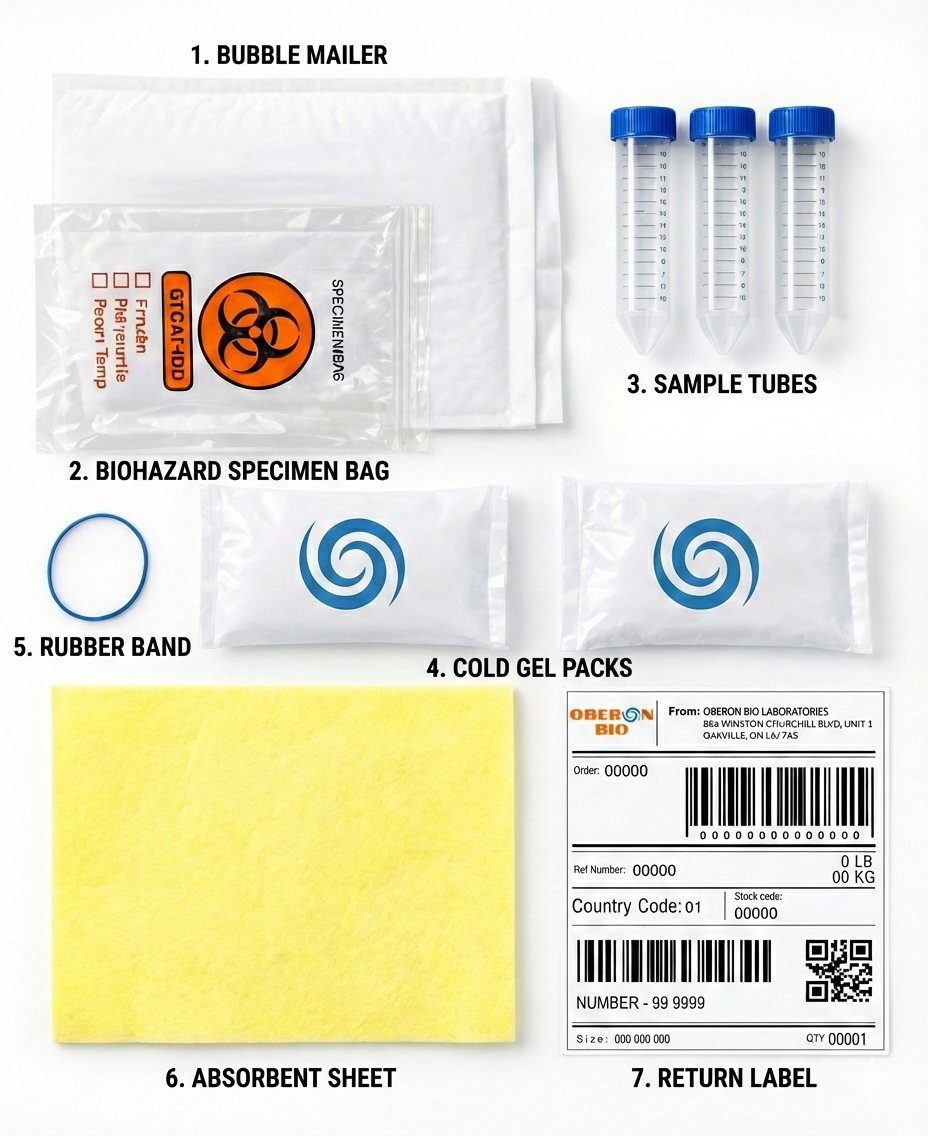 The sampling kit laid out: bubble mailer, biohazard specimen bag, three sample tubes, two cold gel packs, a rubber band, an absorbent sheet and a prepaid return label